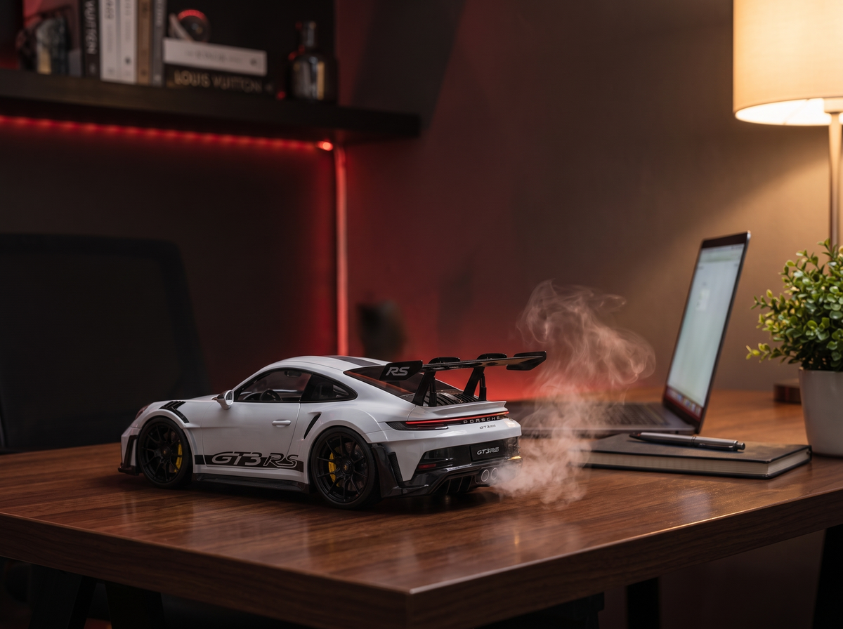 Desk with an Aromotors supercar diffuser releasing mist from the exhaust