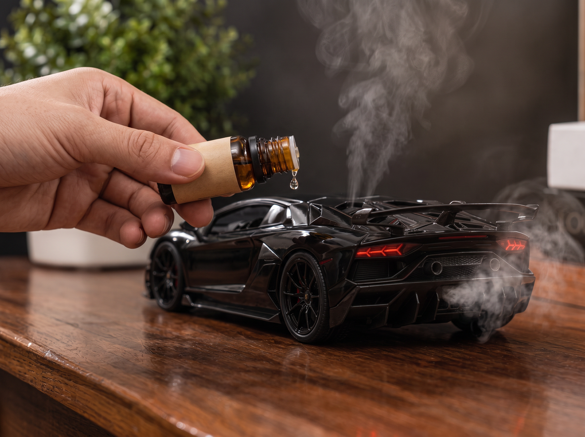 Adding essential oil drops next to the Aromotors diffuser
