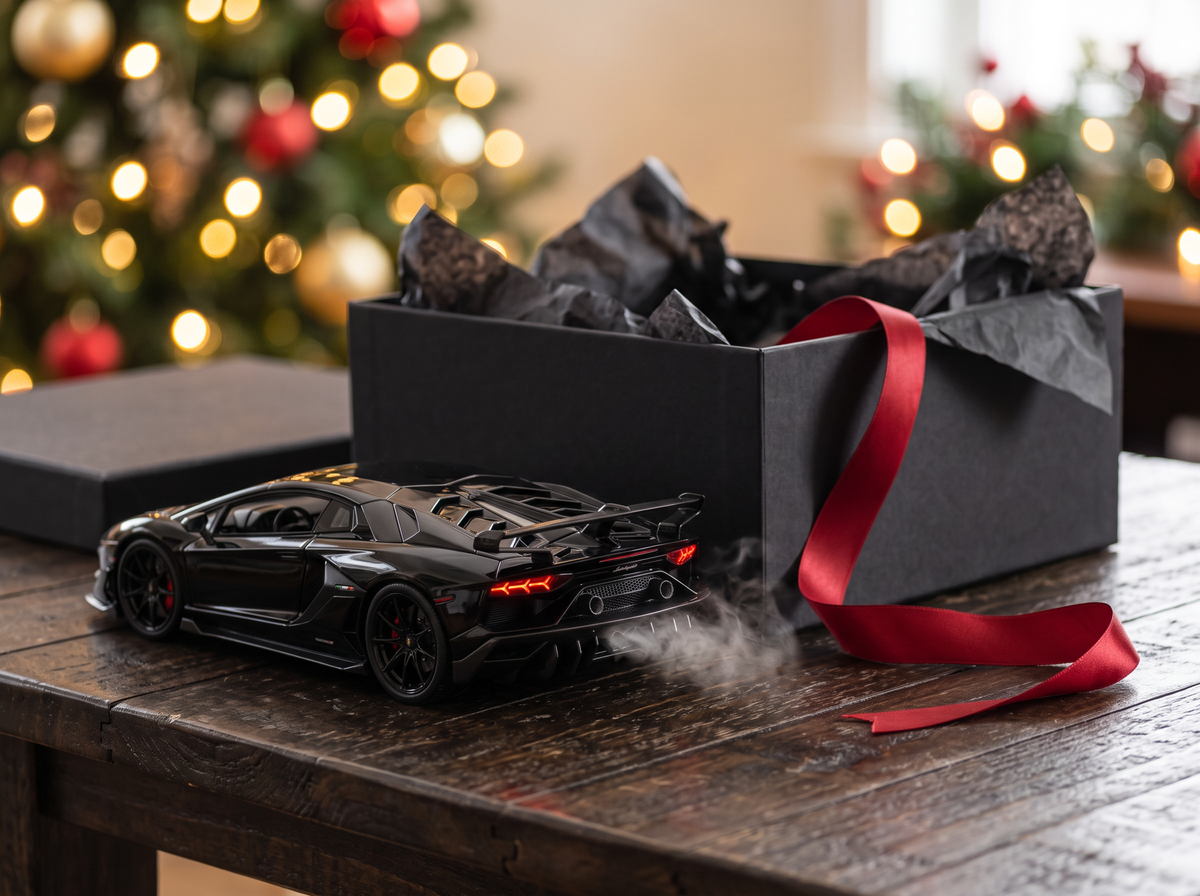 Aromotors diffuser next to a black gift box with a red ribbon