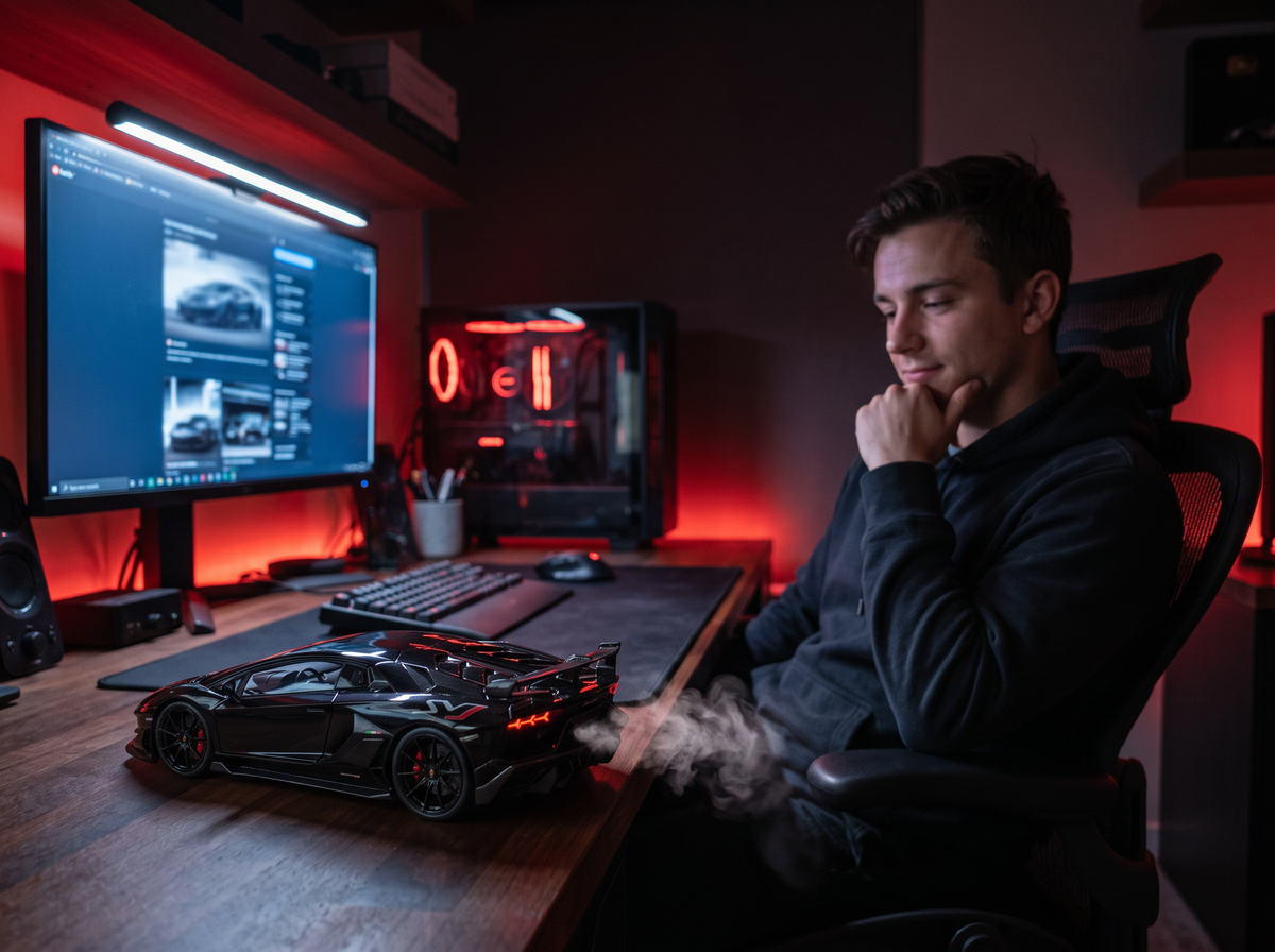 Aromotors diffuser on a desk setup with red ambient lighting