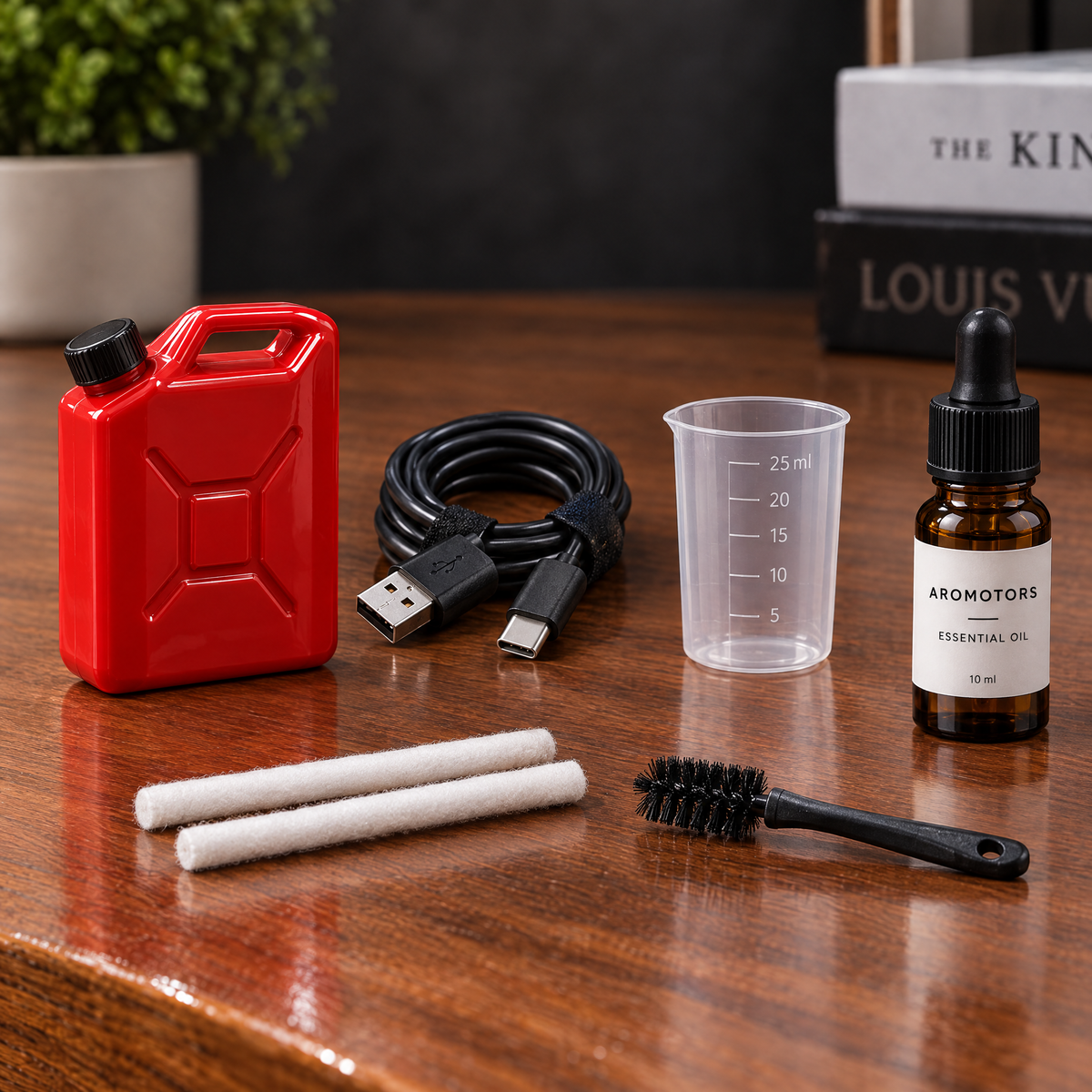 Aromotors accessories: red water filler, USB cable, measuring cup, cotton wicks, cleaning brush and essential oil